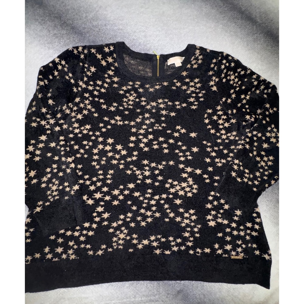 (CL) Michael Kors Womens 2X Star Print Metallic Knit Sweater Black Gold Zipper - Picture 6 of 11